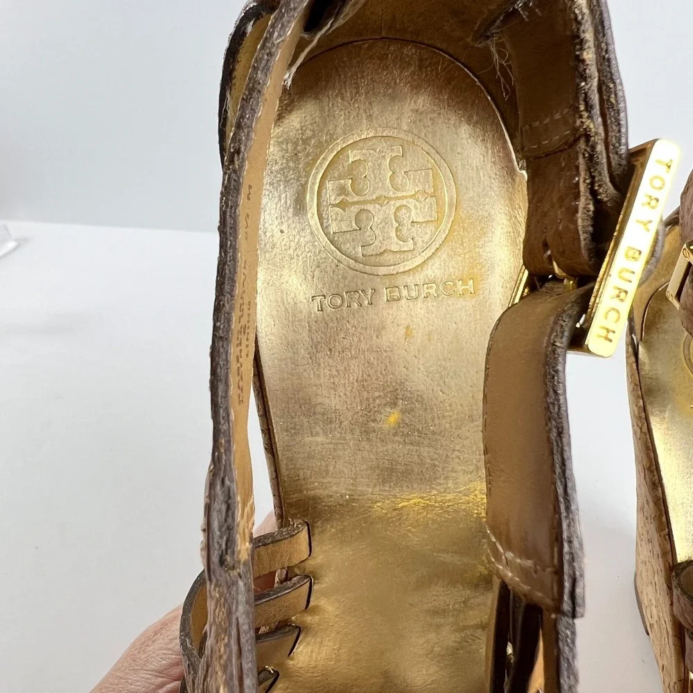 TORY BURCH Anamarte Brown Cork Wedge Platform Sandals Size‎ 9.5 M Leather Buckle